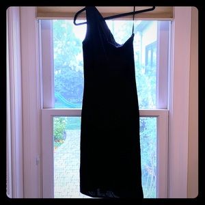 One shoulder black cocktail dress open back